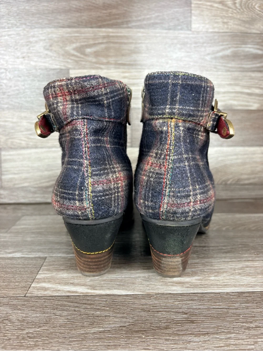 L'Artiste by Spring Step Scottala Ankle Boots Black Leather Plaid Fabric 8.5 39